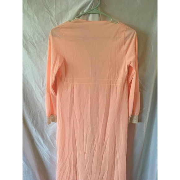 VINTAGE DREAM AWAY Peach LACE TRIM SILKY NYLON GOWN NIGHTGOWN Maxi Robe S - Picture 5 of 7